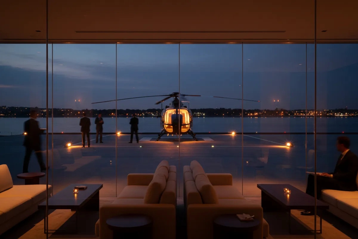 A helicopter sits on a helipad at dusk, viewed from inside a modern lounge.
