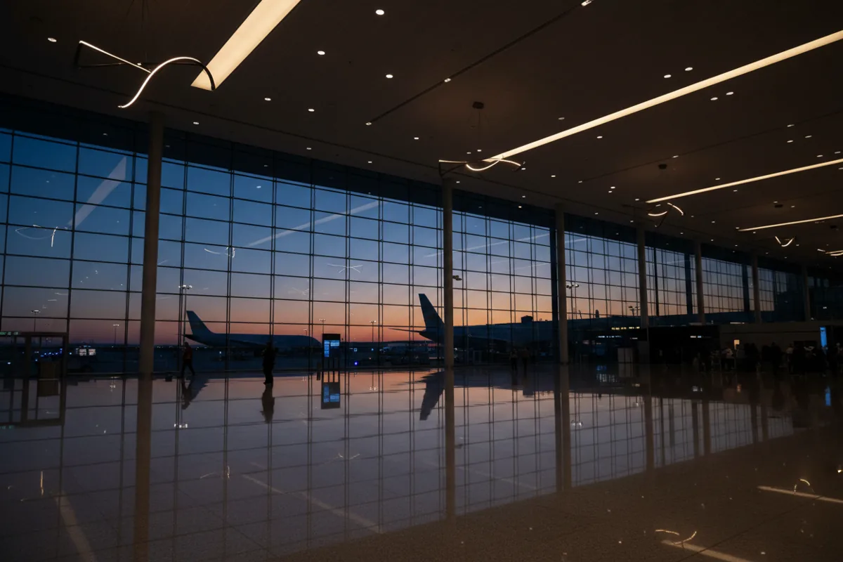 A modern airport terminal at dusk with large windows showing the deep blue sky and an airplane on the tarmac.