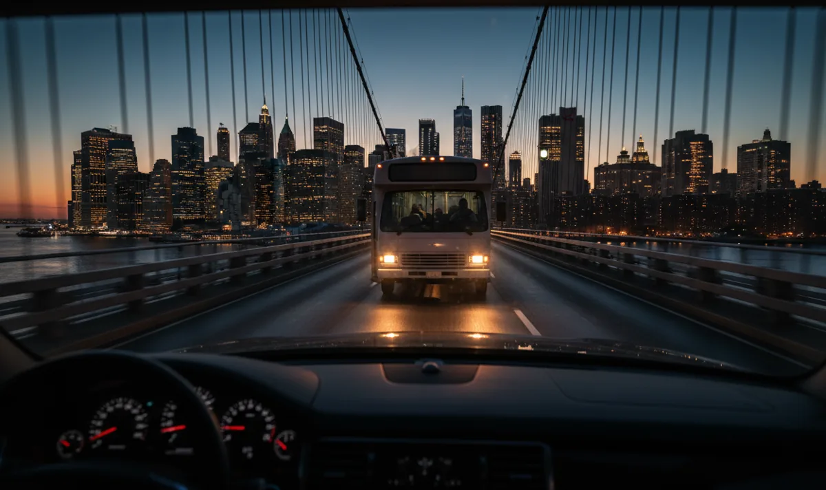 A shuttle bus drives over a bridge toward a city skyline at dusk, with warm taillights glowing.