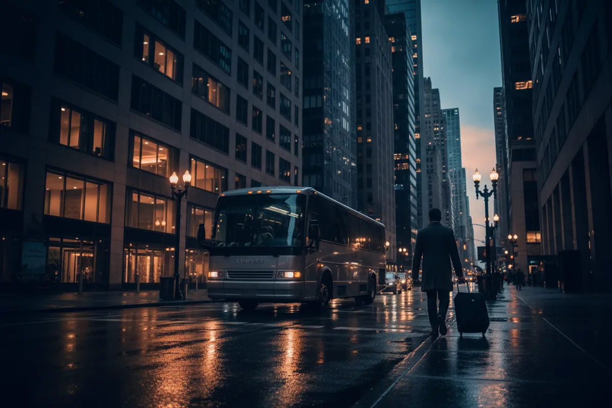 A shuttle bus on a wet Manhattan street at night, with a traveler and luggage walking away.