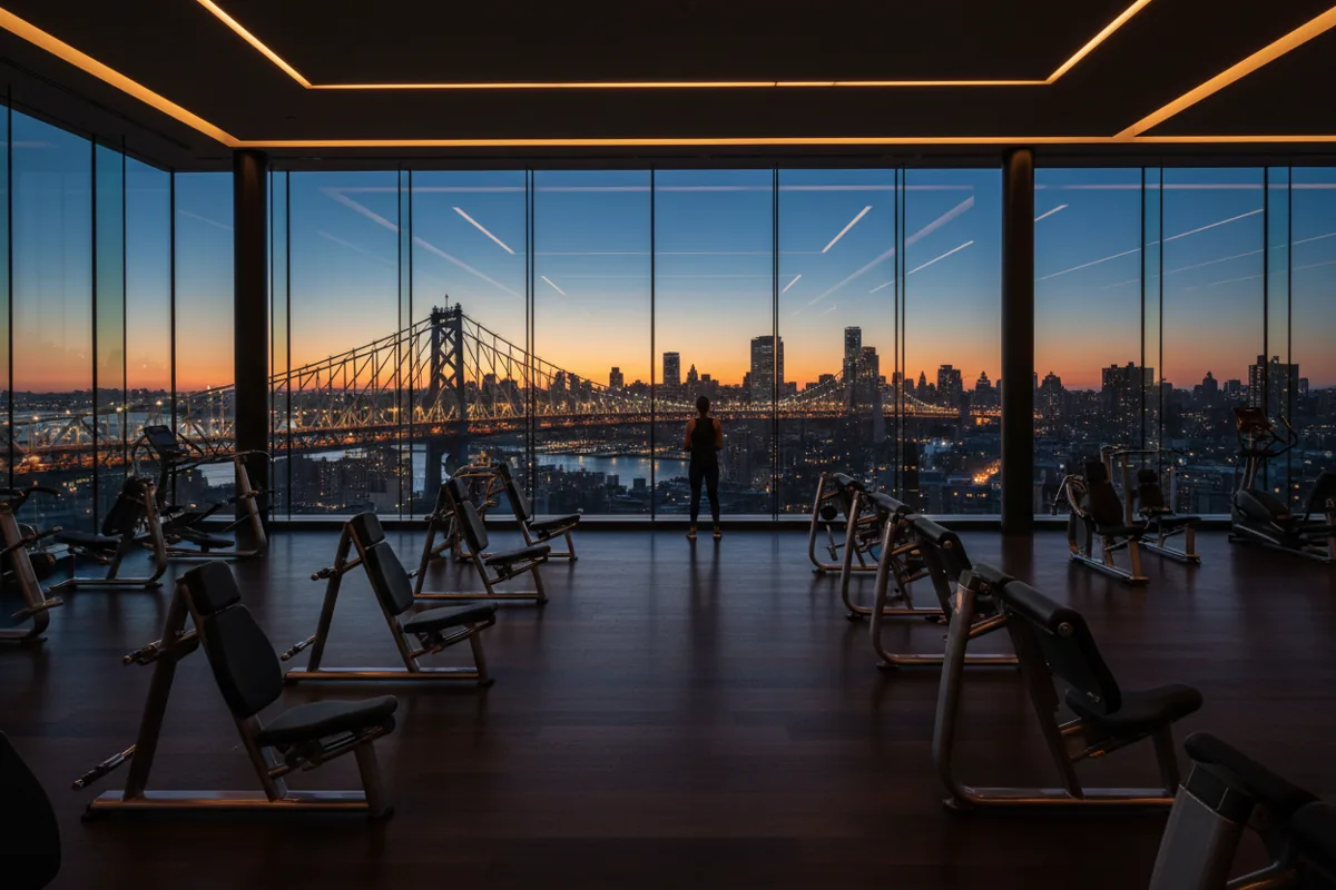 An empty, modern gym with large windows showing a view of a city bridge and skyline at dusk.