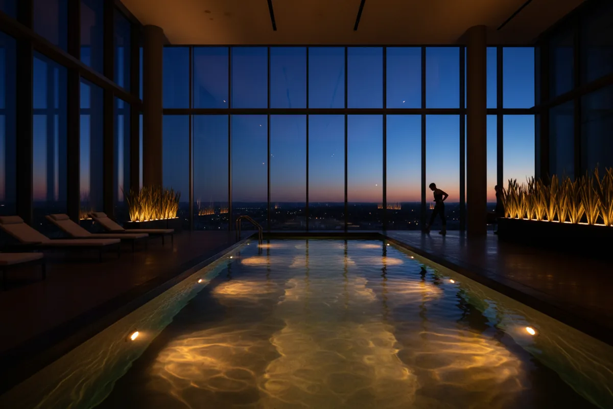 An empty indoor lap pool illuminated by underwater lights in a dimly lit fitness center at dusk.