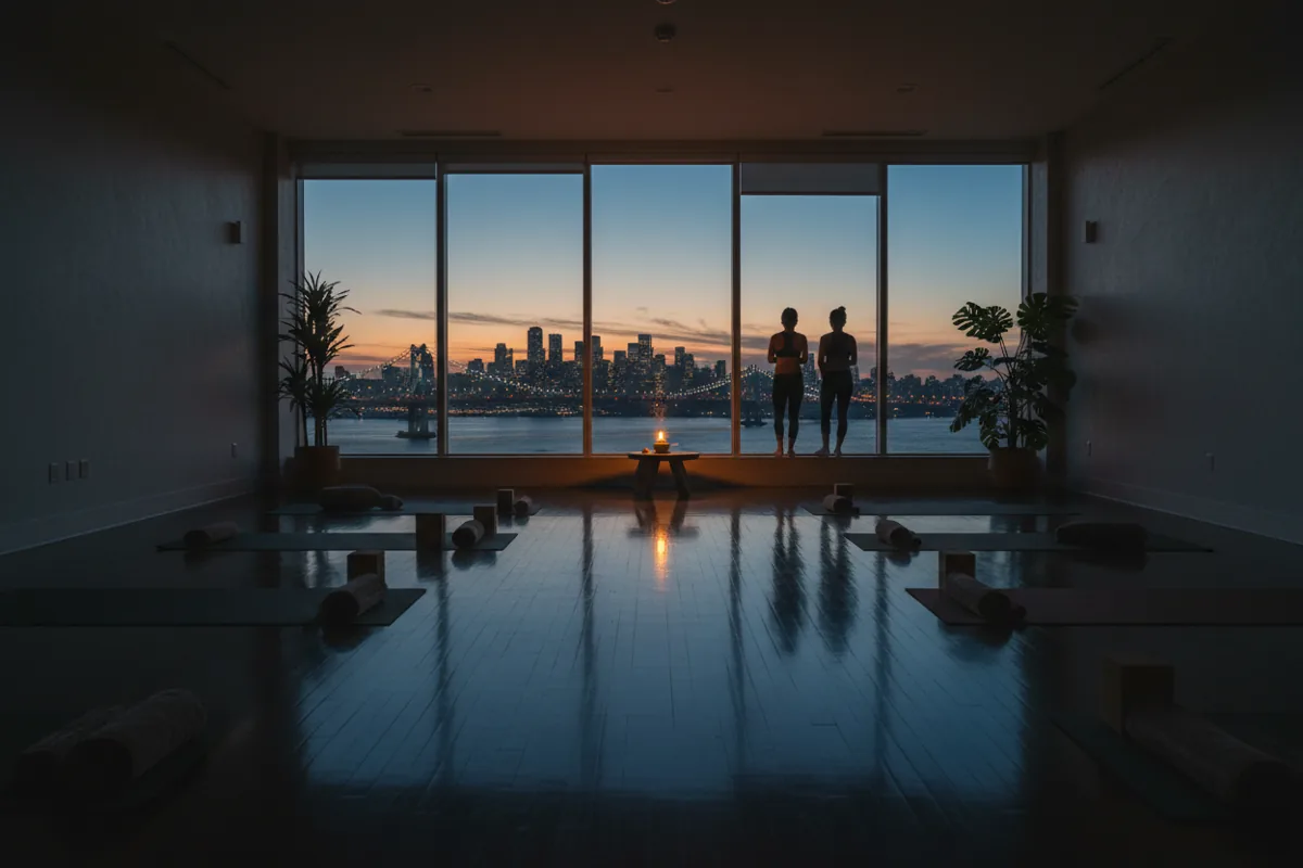 An empty, tranquil yoga studio with a large window looking out onto a city at night.