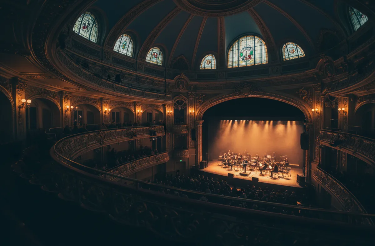 A band performs on a warmly lit stage in an elegant, historic music hall.