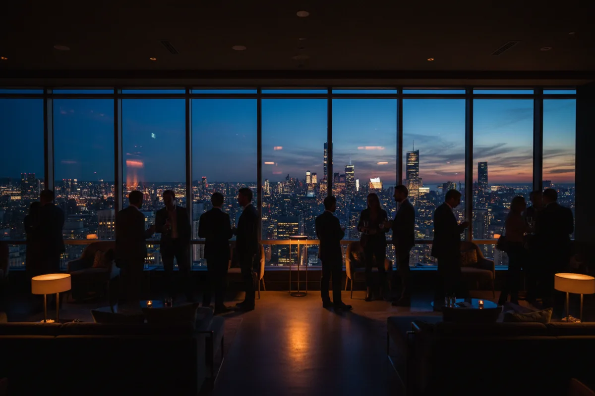 People at a private event in a modern rooftop lounge with city views at night.