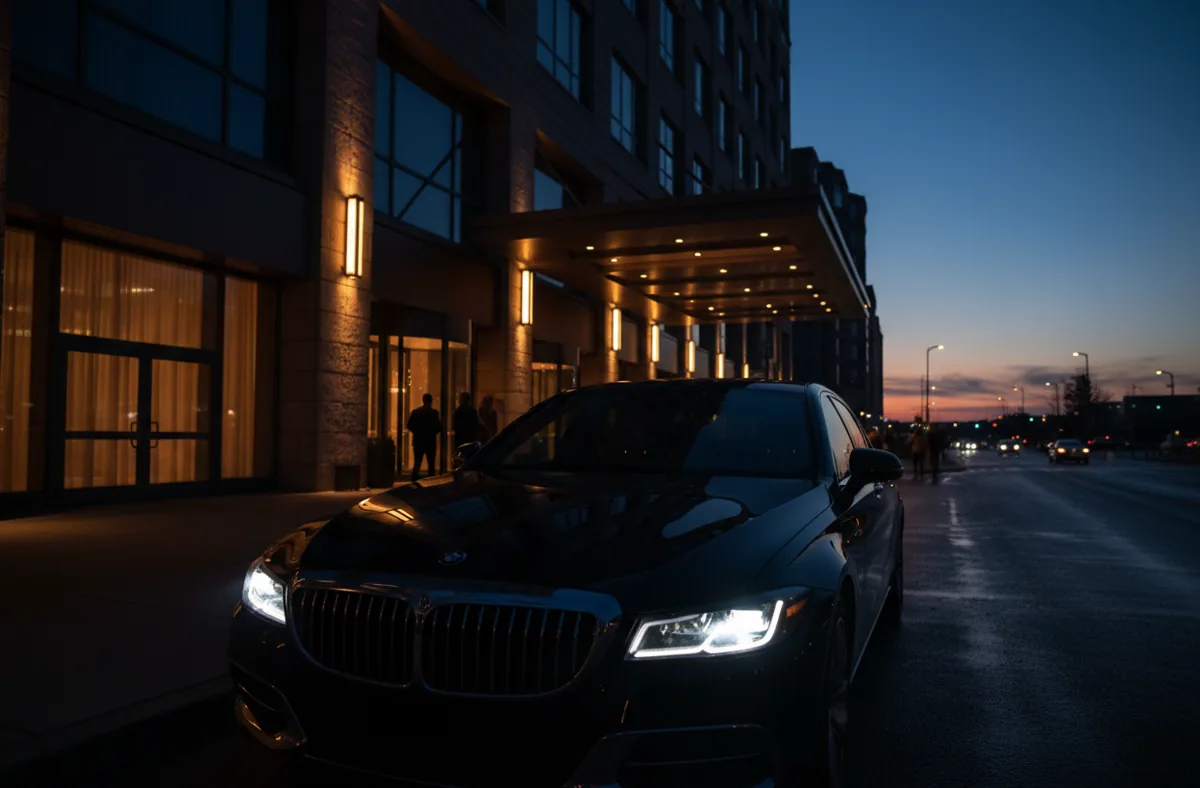 A luxury car arriving at the entrance of a modern hotel at night.