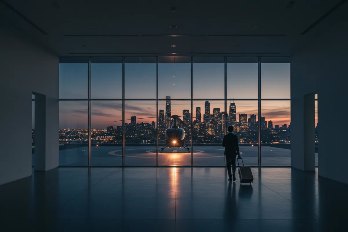 A traveler walks through a private airport lounge toward a waiting helicopter at dusk.