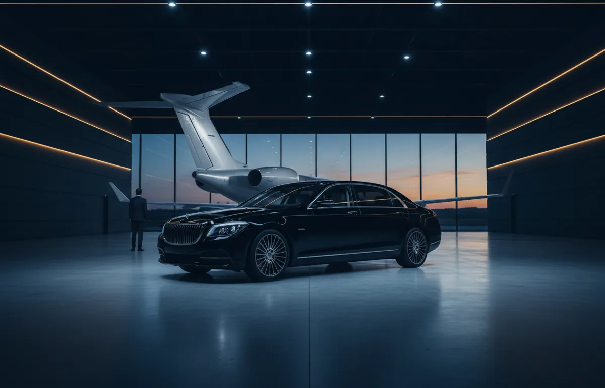 A luxury sedan parked next to a private jet in a modern hangar, illustrating a seamless, high-end airport transfer.