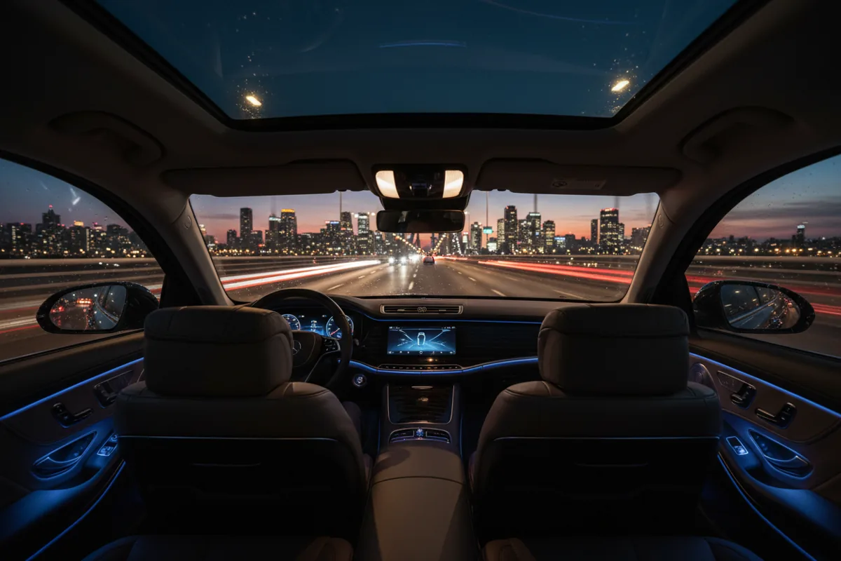 The view of a glowing city skyline at twilight from the back seat of a moving luxury car.
