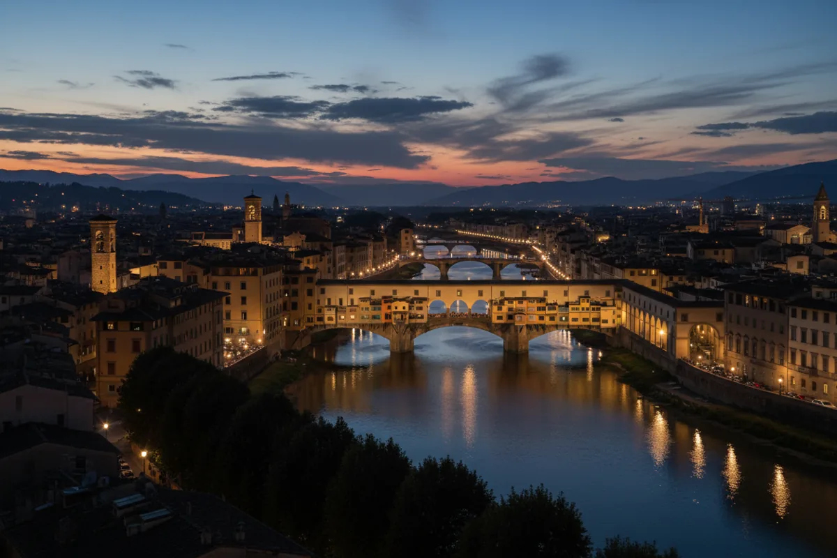 The Ponte Vecchio bridge and the city of Florence, Italy, at dusk.