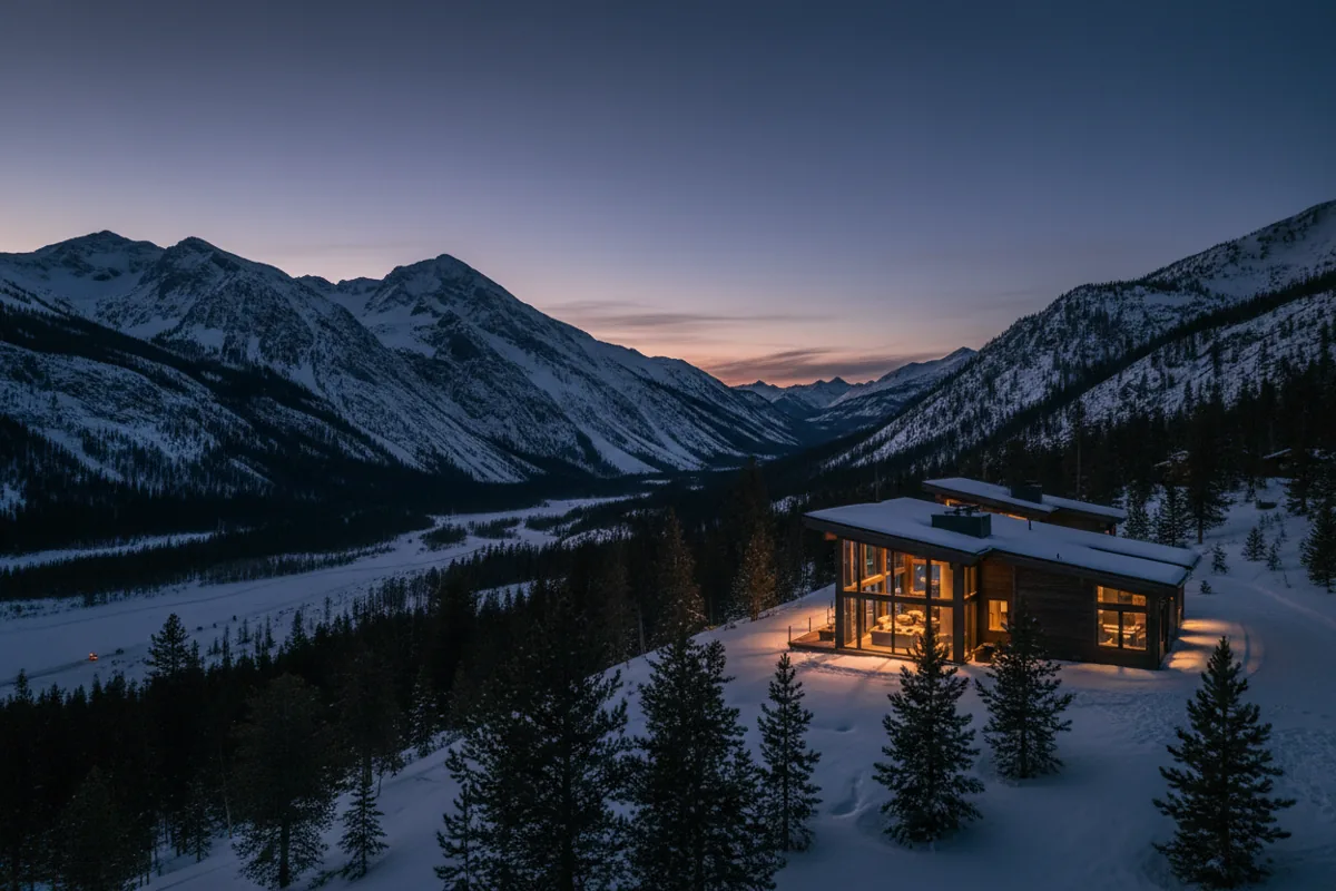 A modern luxury cabin with glowing windows in a mountain landscape at dusk.