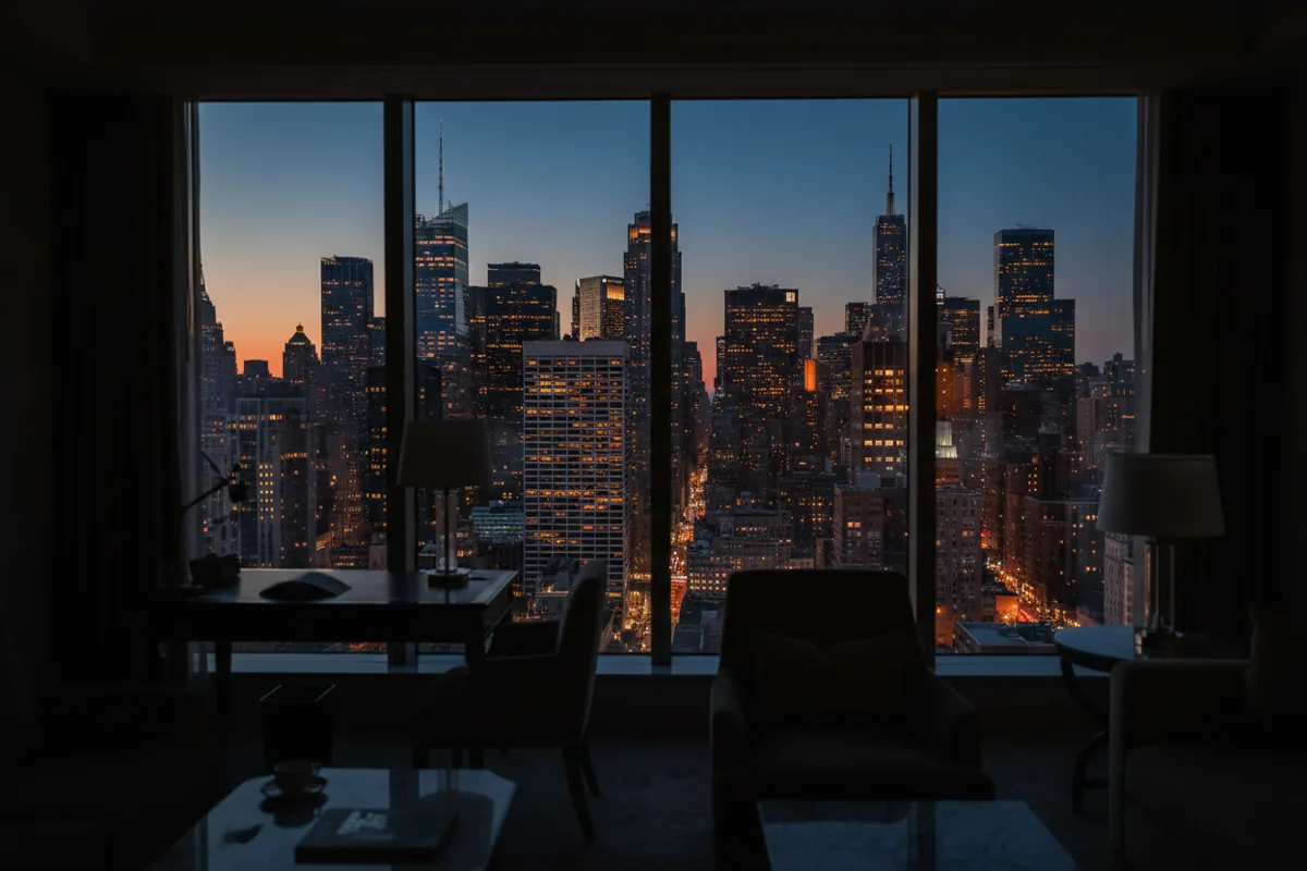View of Midtown Manhattan's glowing city lights at dusk from a high-floor luxury hotel room.