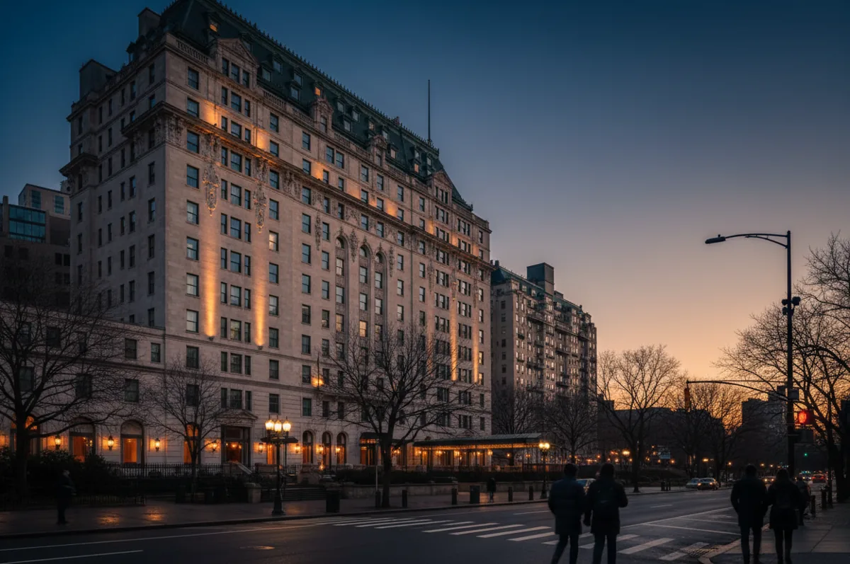 The glowing facade of a grand luxury hotel next to Central Park at blue hour.