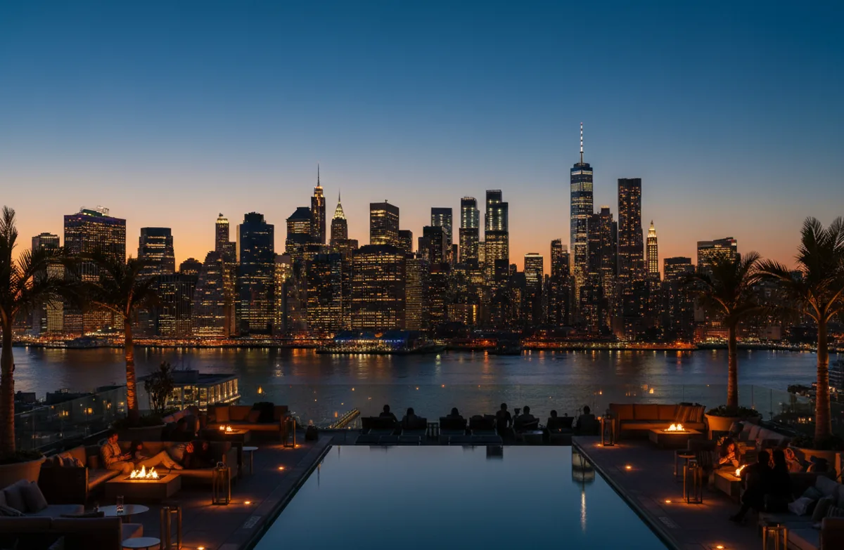 The Manhattan skyline seen at dusk from a stylish rooftop terrace in Williamsburg, Brooklyn.