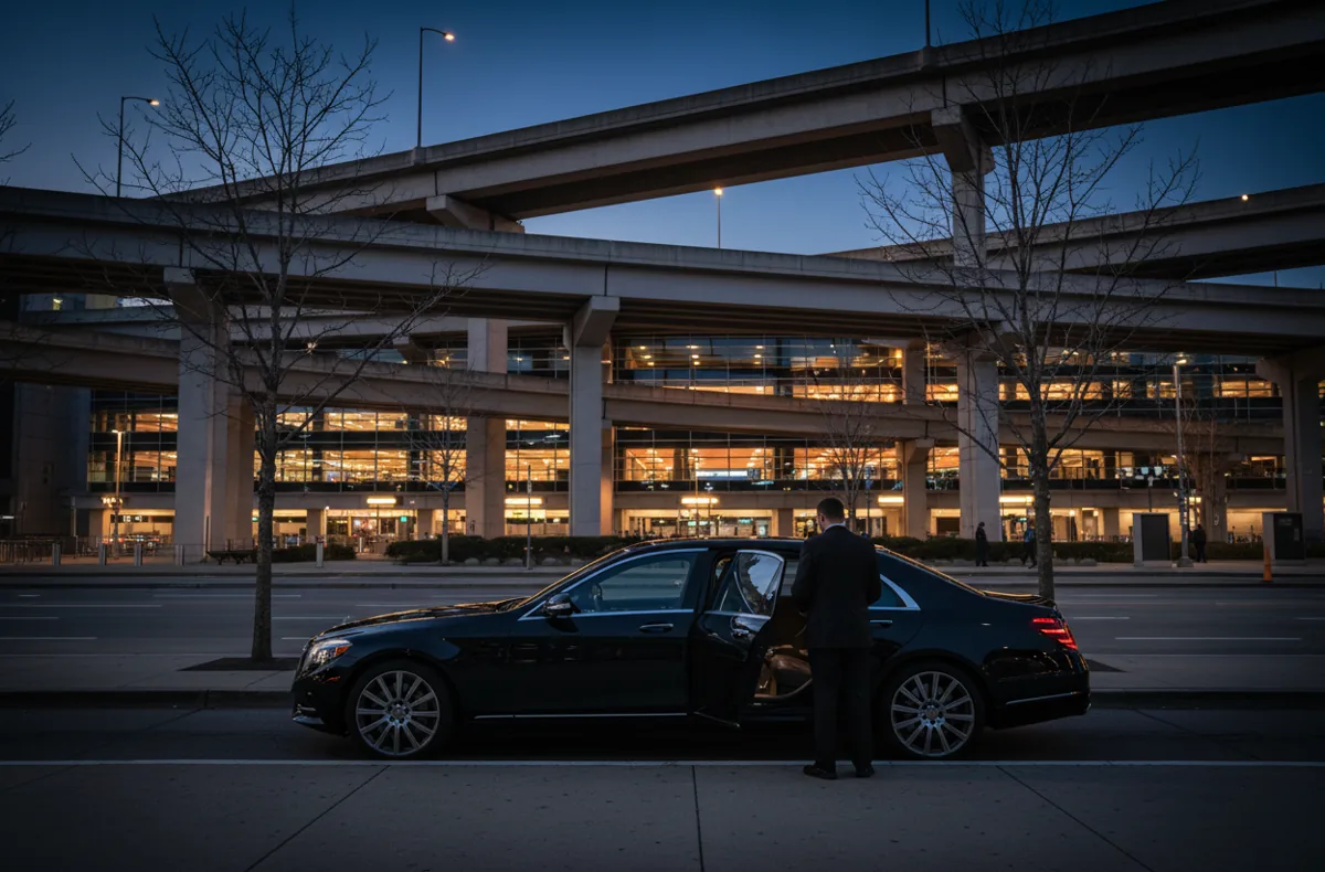 A chauffeur beside a black sedan at a New York airport arrivals curb at dusk.