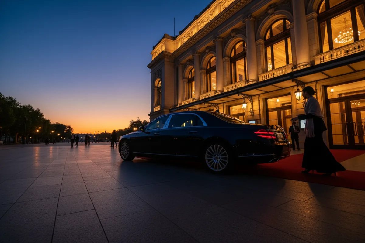 A person exits a luxury car at the glowing entrance of a grand theater at night.