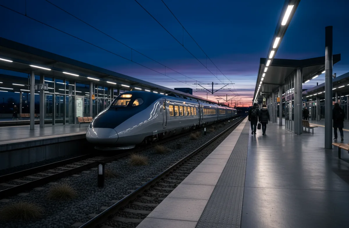 A modern train arriving at an empty station platform during blue hour.