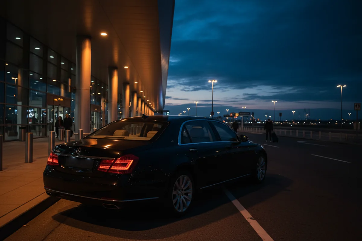 A luxury black sedan waiting outside a modern, glowing airport terminal at night.
