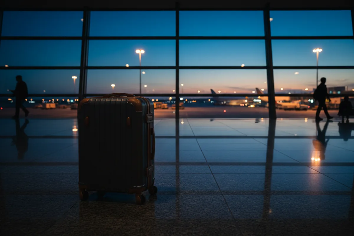 A suitcase on the floor of a modern airport terminal with the tarmac visible at dusk.