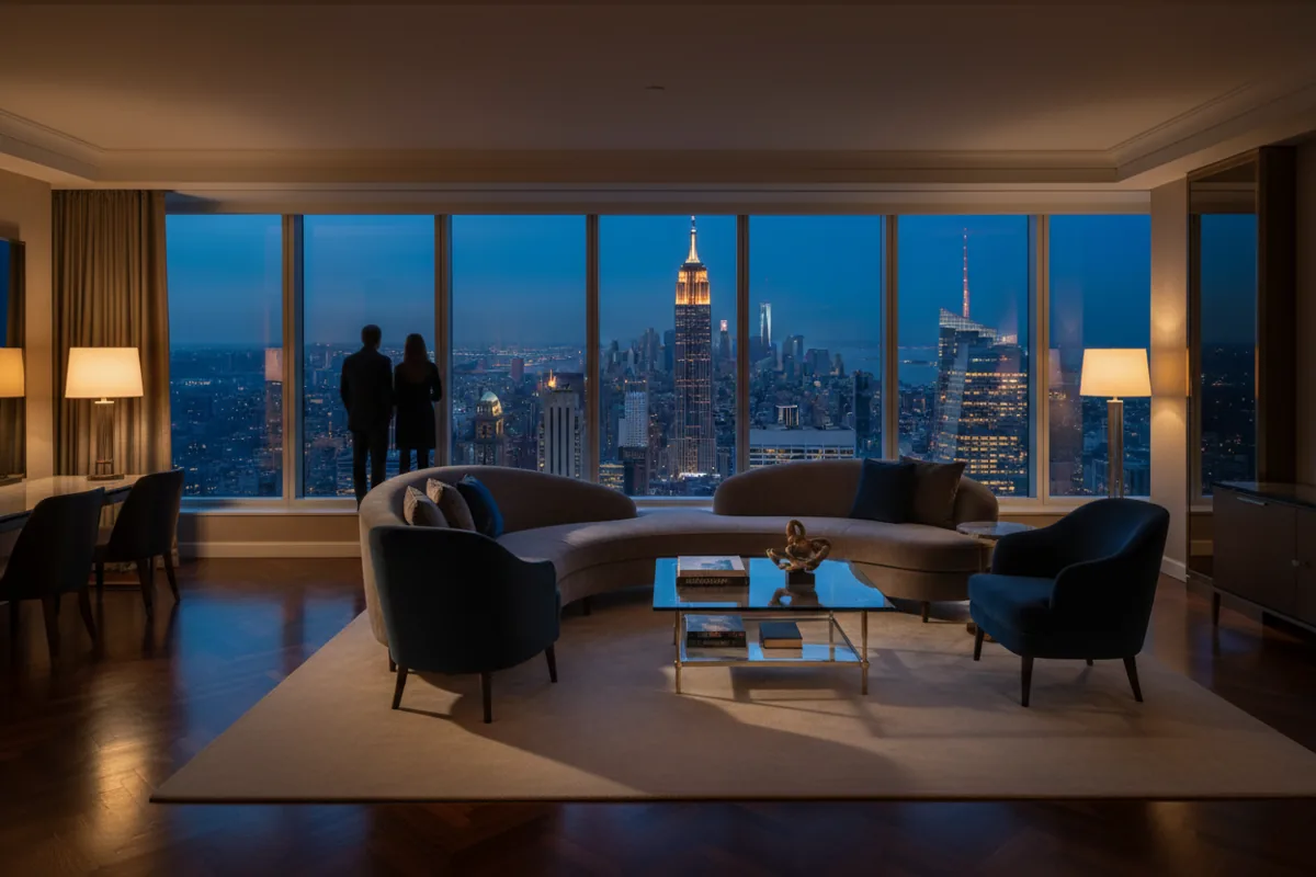 A luxury hotel room with a large window overlooking the glowing Manhattan skyline at night.