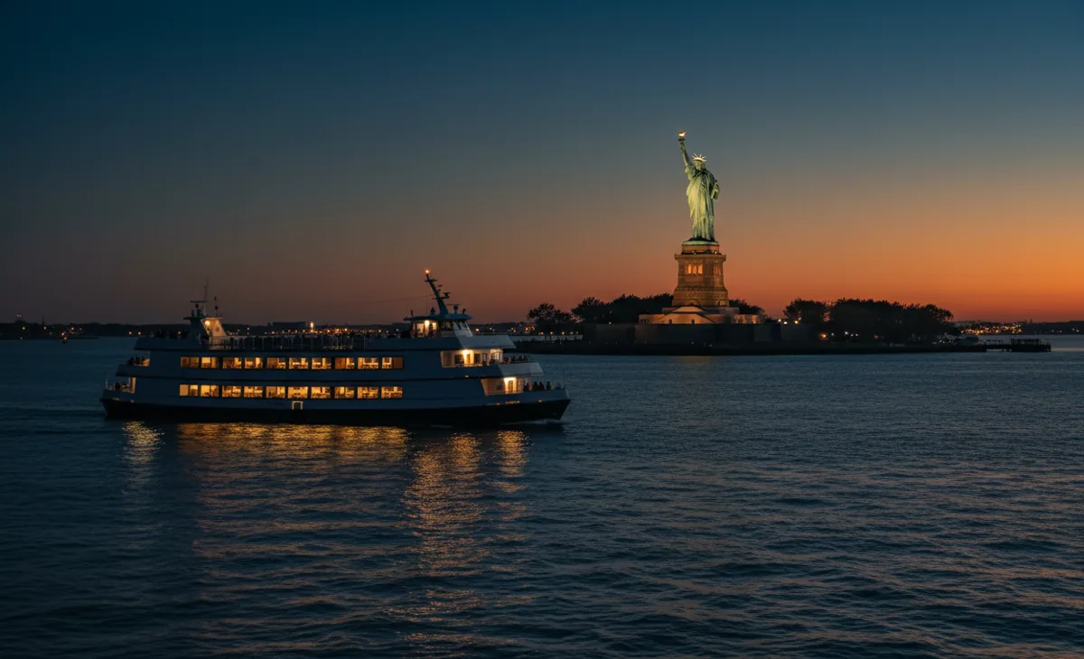 The Statue of Liberty at blue hour with a ferry passing in the harbor.