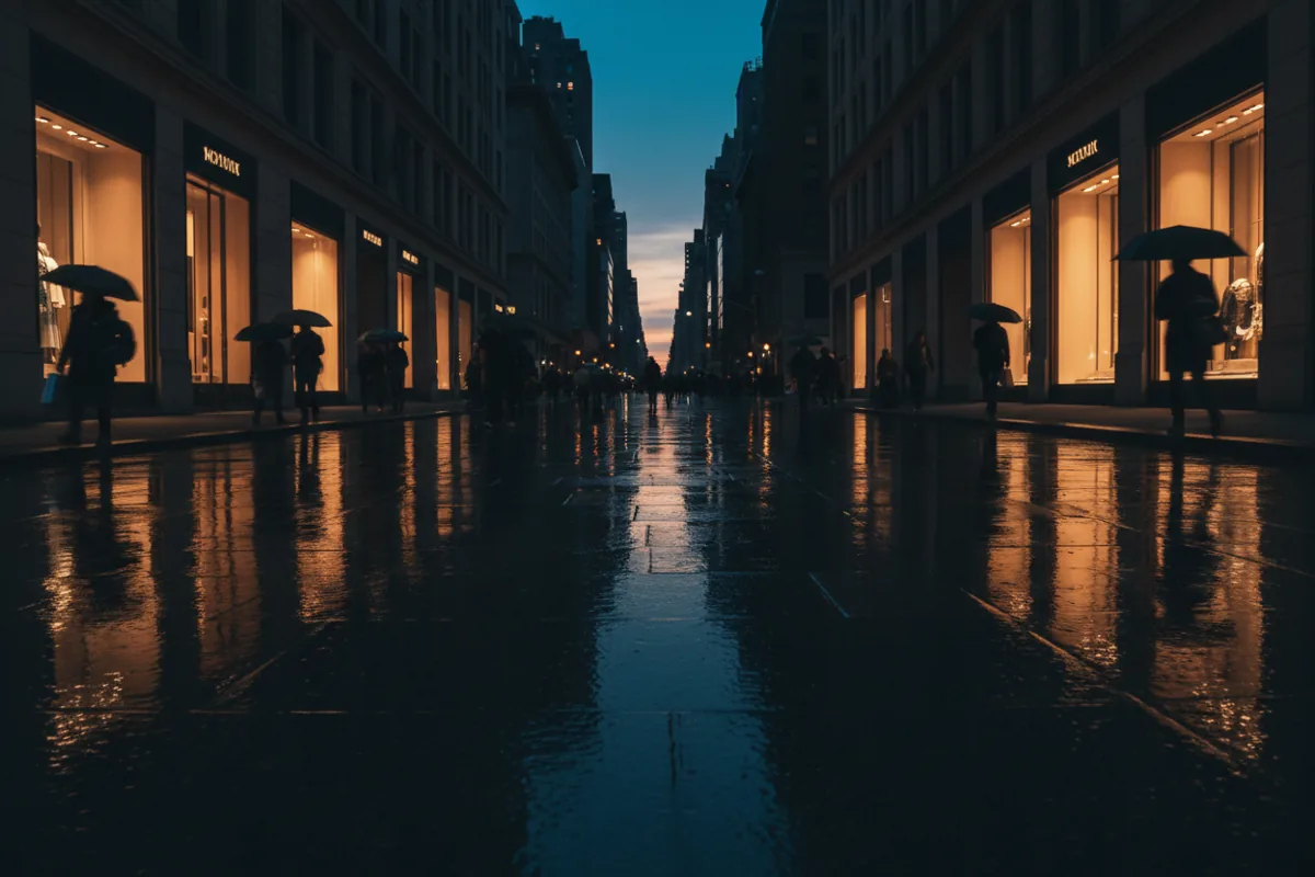 Glowing lights from luxury store windows reflect on a wet Fifth Avenue at twilight.