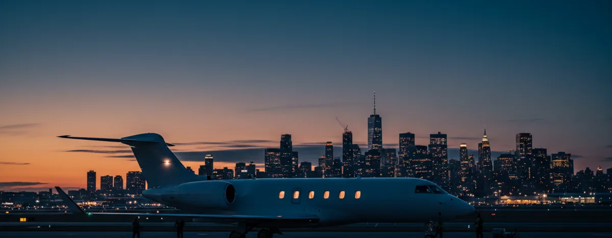 A private jet on an airport tarmac with the distant New York City skyline in the background.