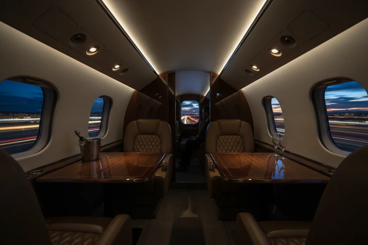 The luxurious interior cabin of a private jet, showing leather seats and a window with city lights.
