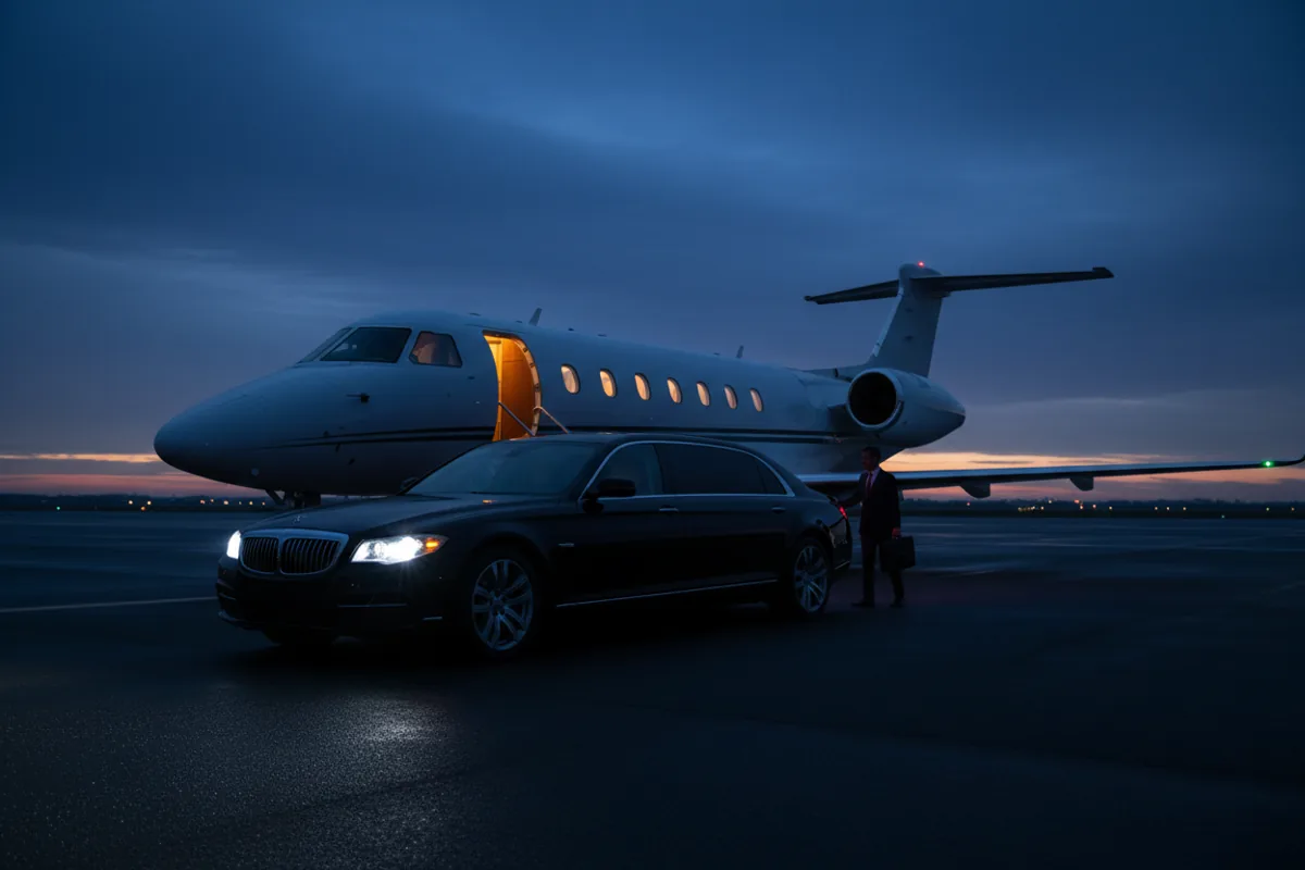 A black luxury car waiting on the tarmac next to the stairs of a private jet at dusk.