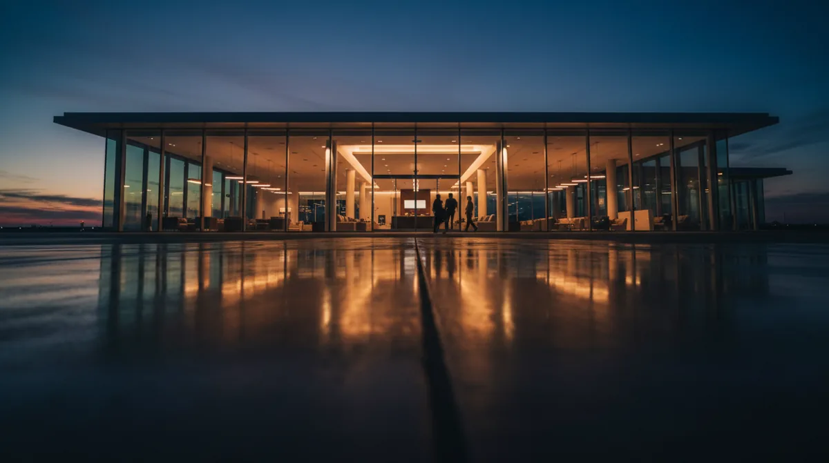 A modern private airport terminal at dusk, with warm lights glowing from inside.