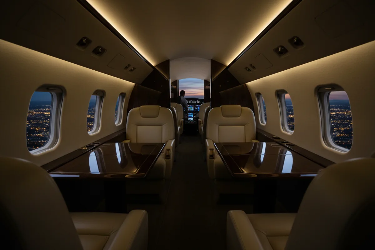 The luxurious interior of a private jet cabin at night, with plush seats and ambient lighting.