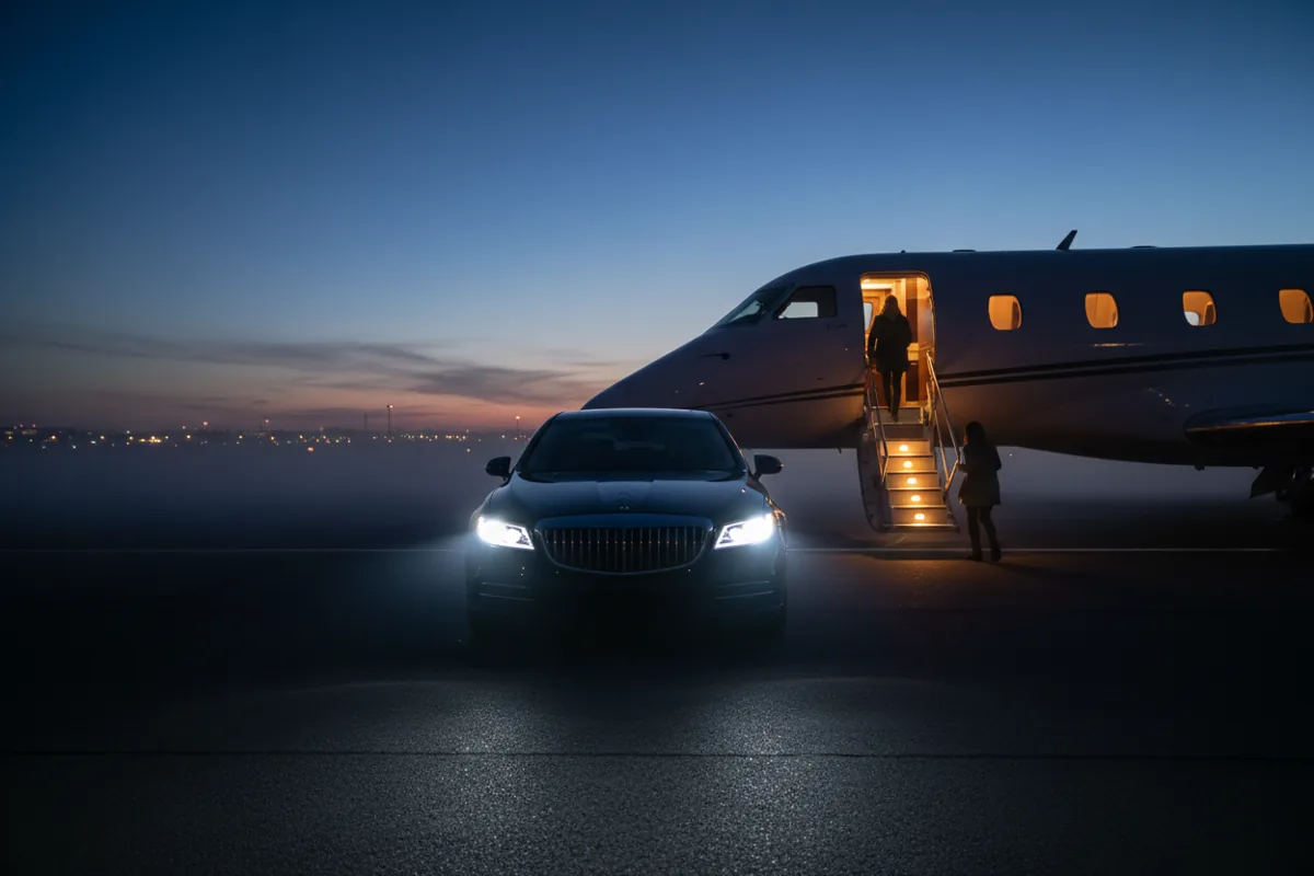 A luxury sedan waiting on the tarmac next to the stairs of a private jet at twilight.