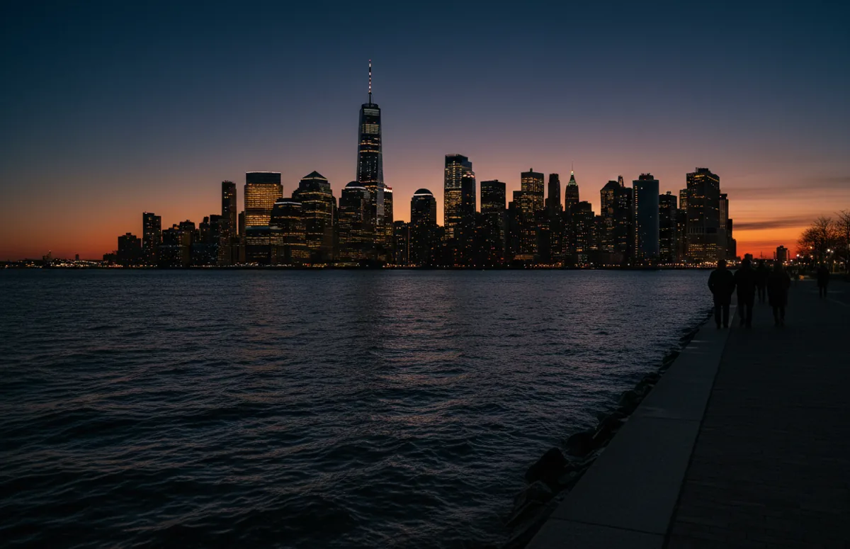 The Lower Manhattan skyline seen across the water from Liberty State Park in New Jersey at dusk.