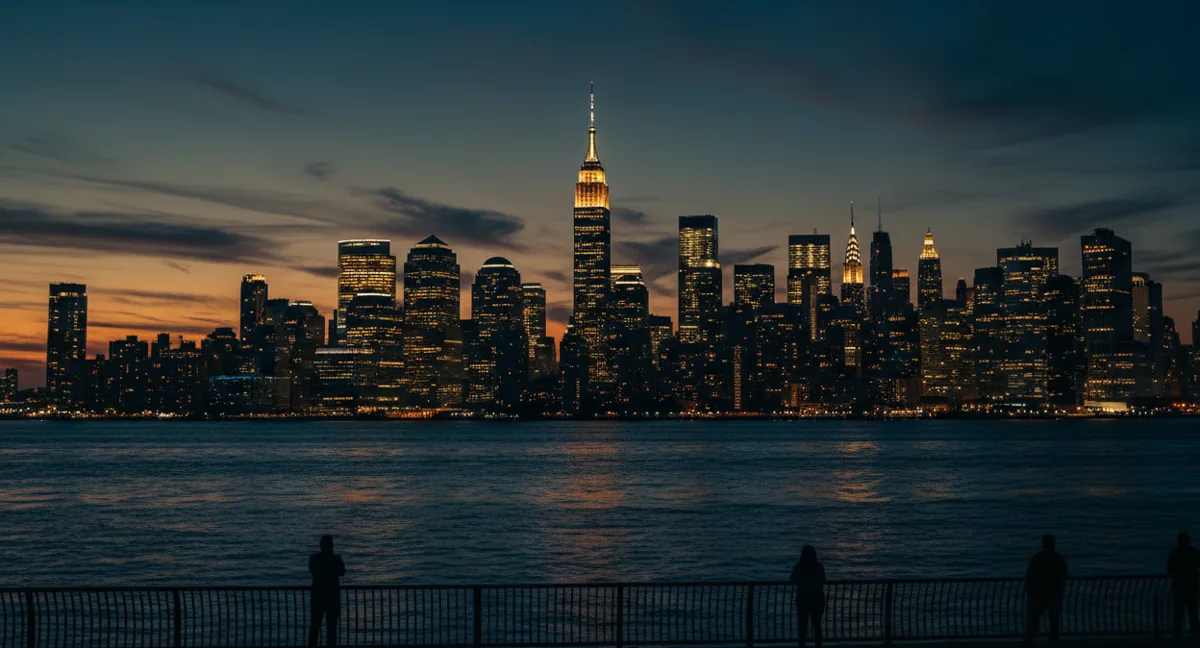 The Midtown Manhattan skyline illuminated at night, viewed from across the Hudson River in Weehawken, New Jersey.