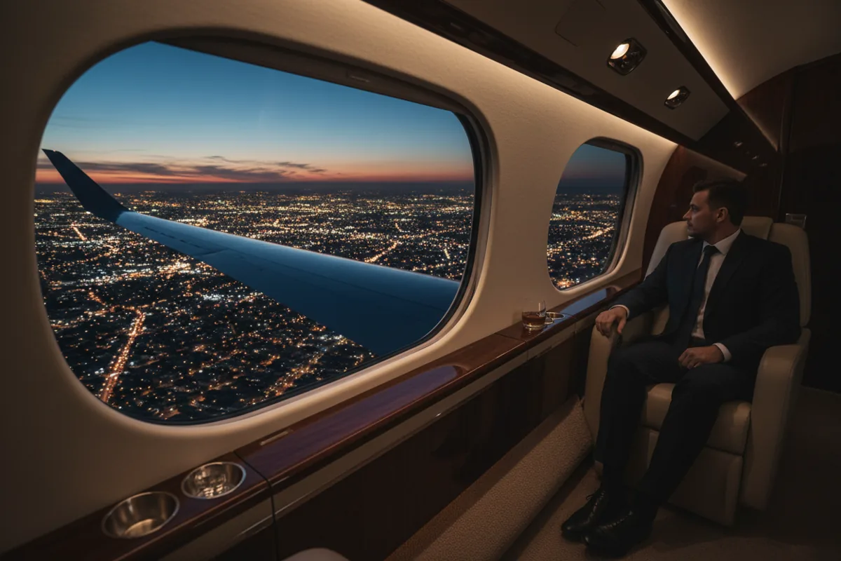 View from inside a private jet window at night, looking out over the wing to the city lights below.