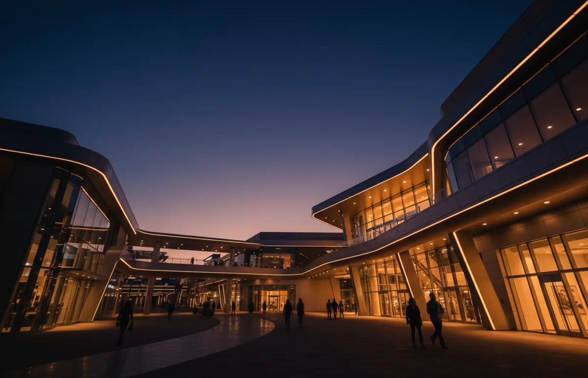 The illuminated, modern exterior of a large shopping center at twilight.