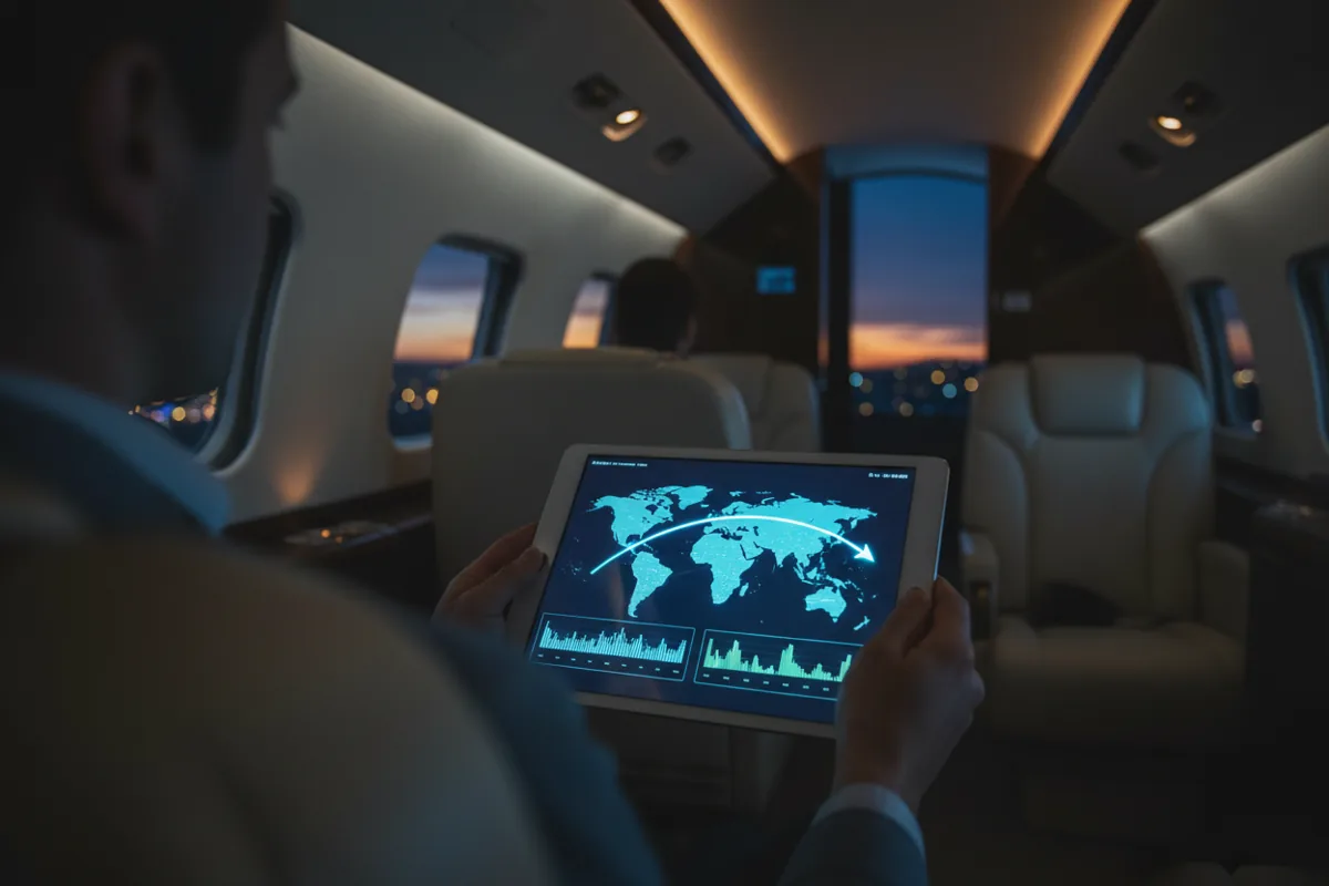 A tablet screen showing a flight path and medical data inside a private aircraft cabin.