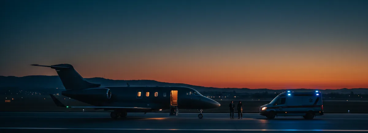 A private jet on an airfield at dusk with a waiting ambulance nearby.