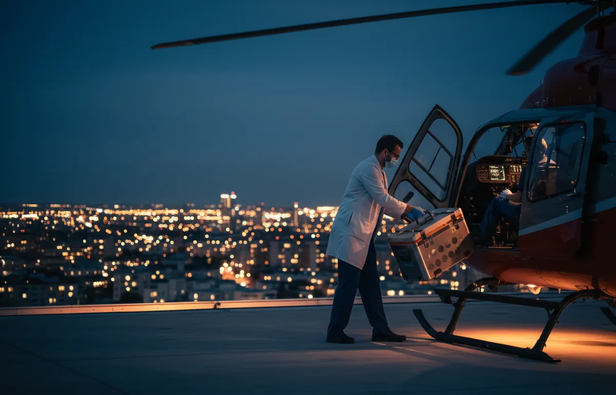 A medical cooler is unloaded from a helicopter on a hospital rooftop at night.