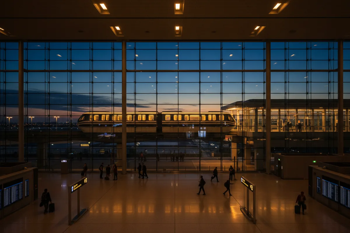 An elevated airport monorail train arriving at a glass-walled station at twilight.