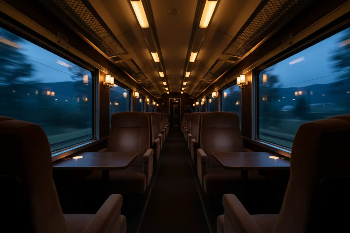 The quiet, warmly lit interior of a modern passenger train car at night.