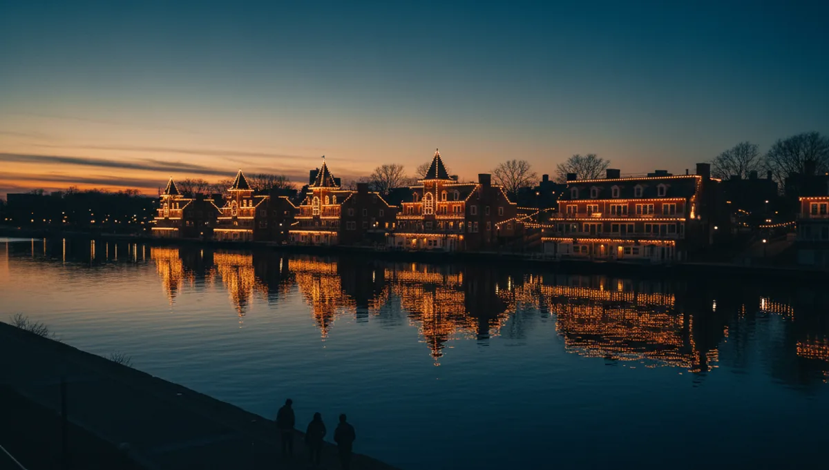 The historic boathouses of Boathouse Row in Philadelphia, illuminated with lights reflecting on the Schuylkill River.
