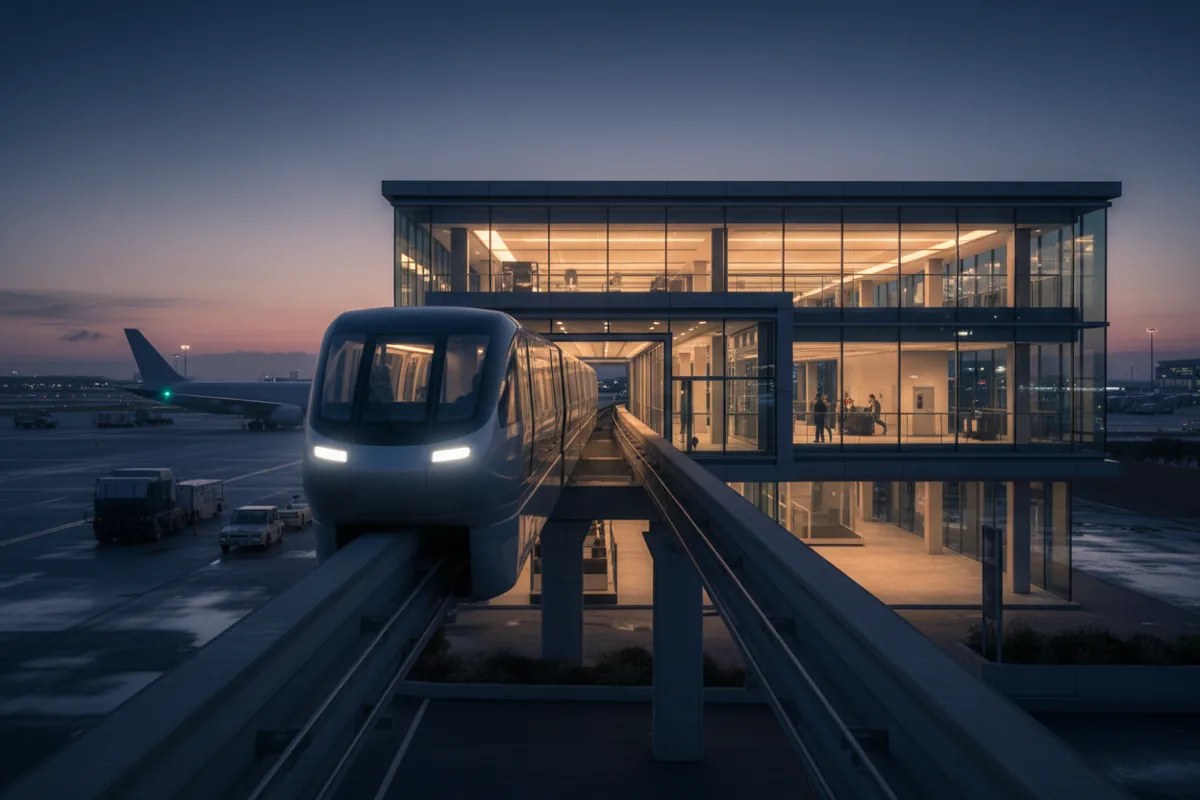 A sleek monorail approaches a modern airport train station at dusk, with an airplane visible in the background.