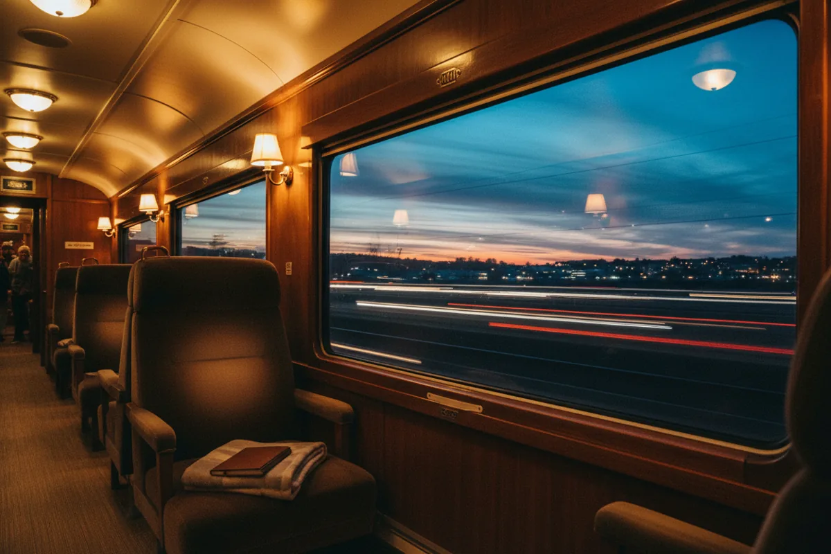 View from a modern train window at dusk, showing the warm interior and blurred lights of the landscape passing by.