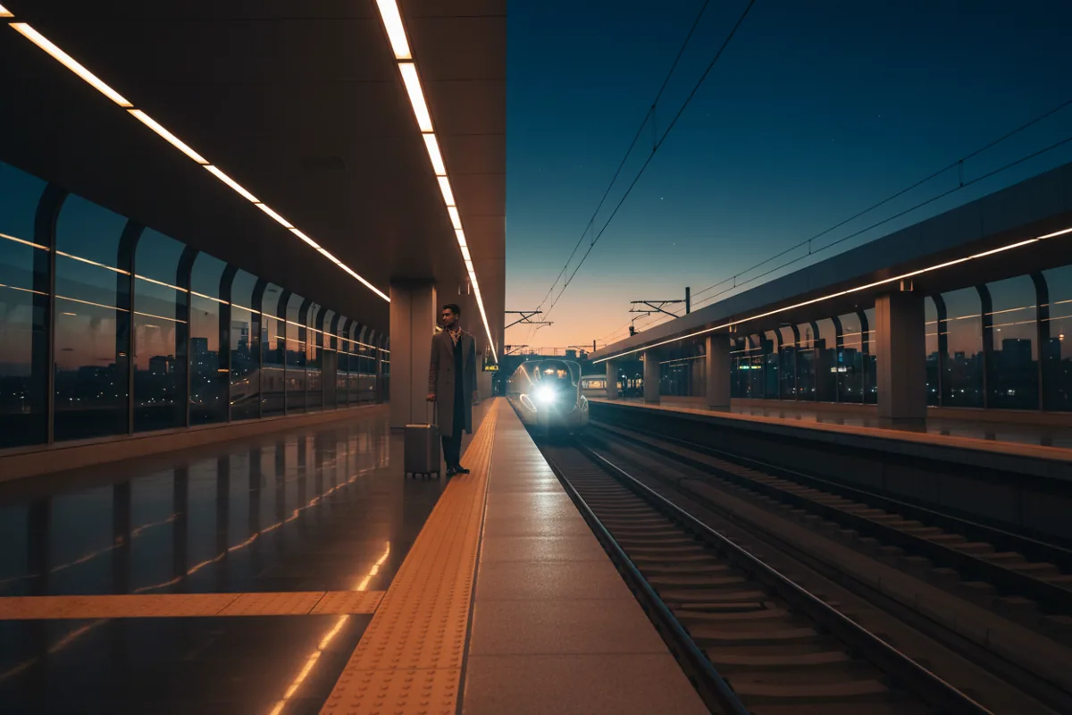 A traveler with a suitcase waits on a train platform at dusk as a train arrives at the station.