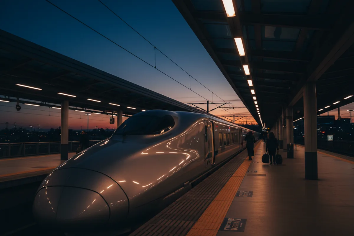 A train at a suburban station platform at dusk, with warm lights glowing.