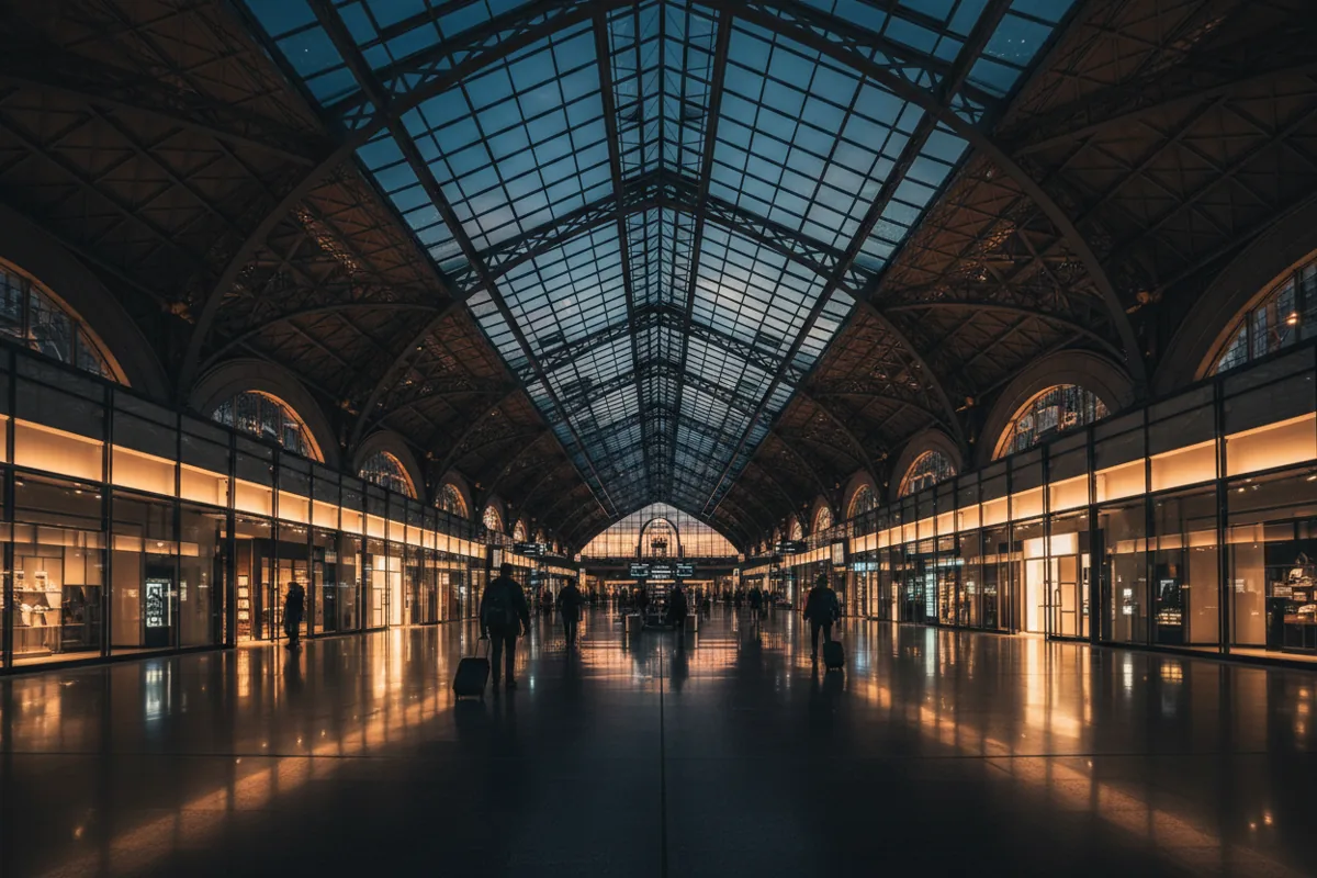 The spacious, modern concourse of a large train station at night.