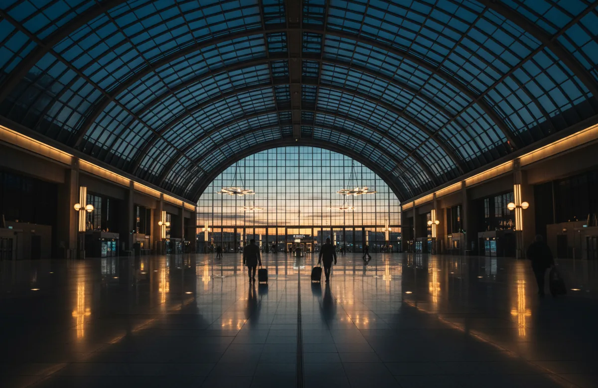 The grand, modern concourse of a train station at twilight with a few travelers.