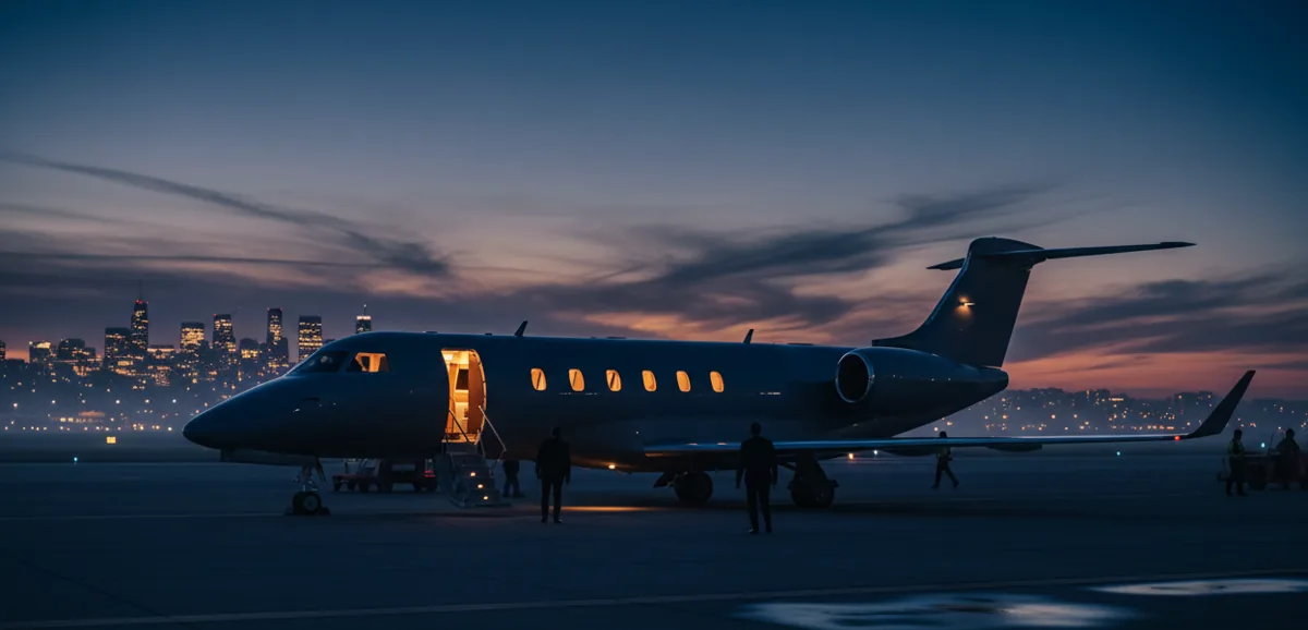 A private jet with glowing cabin lights on an airport tarmac at dusk.