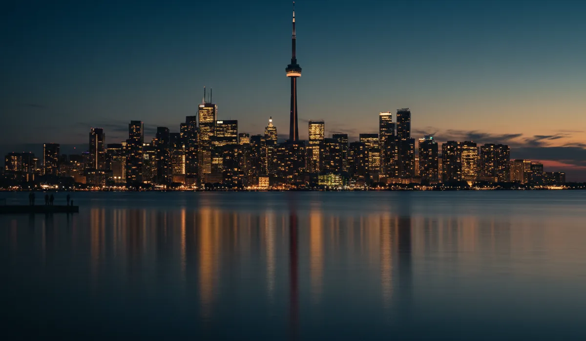 The Toronto skyline and CN Tower lit up at dusk, seen from across the water.